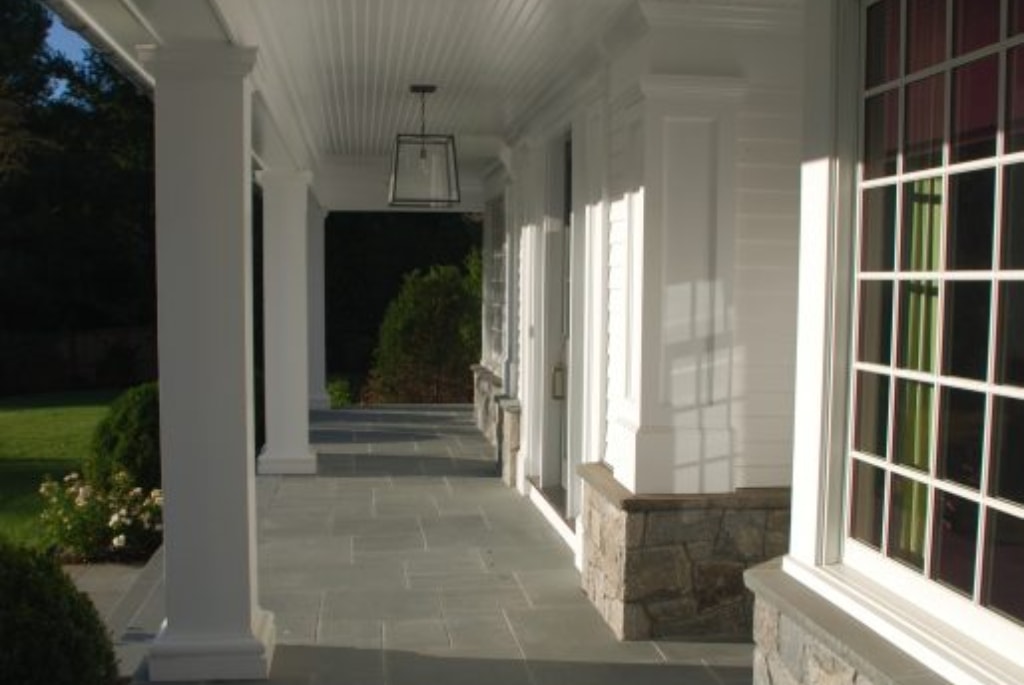 Front porch of Colonial spec house in Connecticut