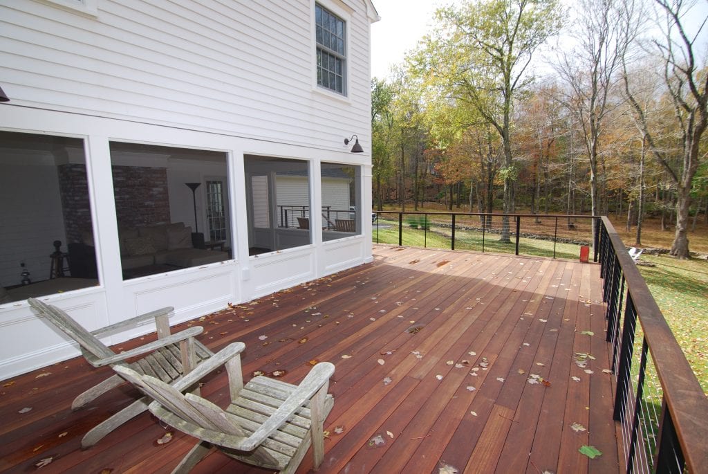 Mahogany deck with stainless steel cable rail system in NY