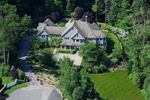 Ariel view of shingle style house in purchase ny by demotte architects