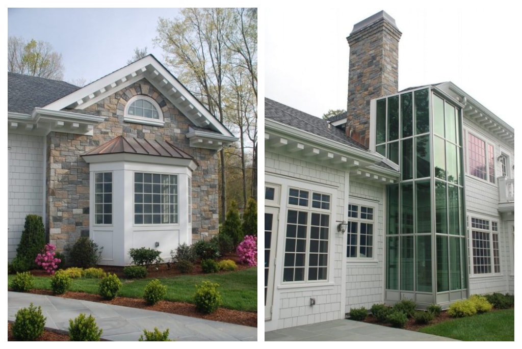 Custom home with fiber cement shingles, thin-stone veneer, and large windows