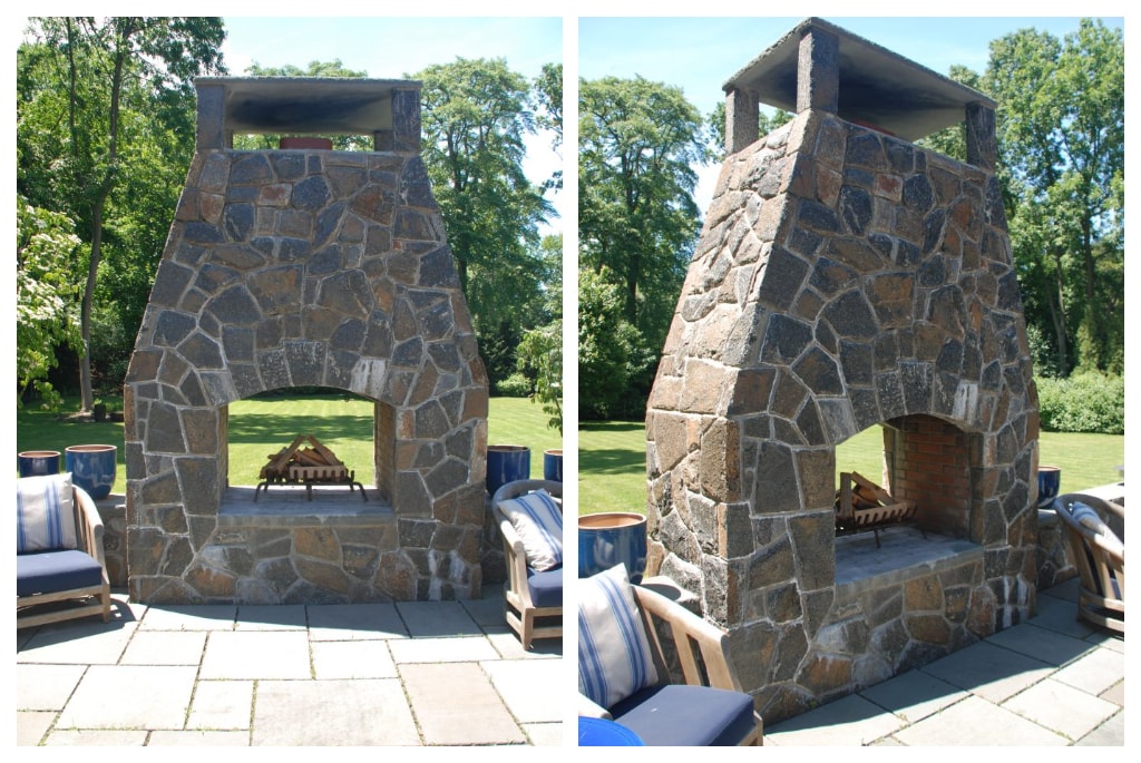 Outdoor fireplace in NY terrace shown