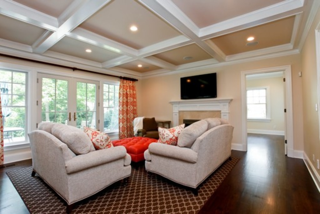 Rye NY Colonial home family room with coffered ceiling