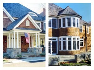 Traditional shingle style home design by DeMotte Architects details shown