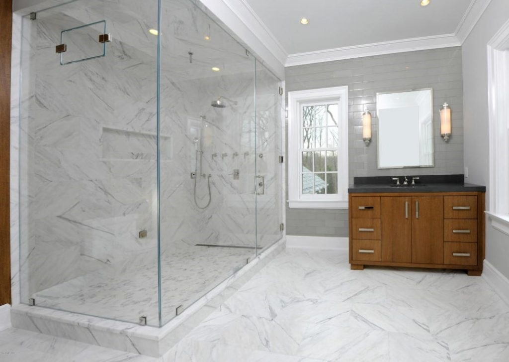 Bathroom with shower in contemporary Colonial in Greenwich CT